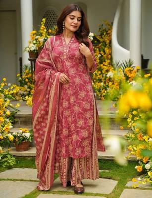 Red color beautiful printed muslin fabric readymade palazzo dress 1