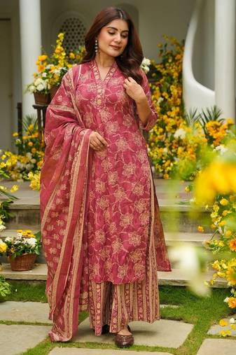 Red color beautiful printed muslin fabric readymade palazzo dress