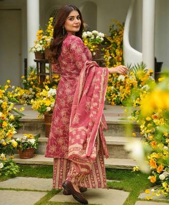 Red color beautiful printed muslin fabric readymade palazzo dress 2