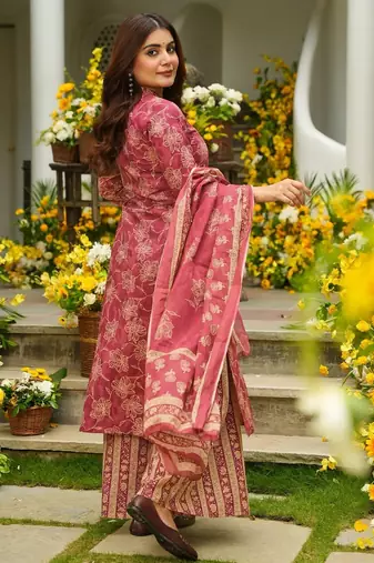 Red color beautiful printed muslin readymade palazzo dress