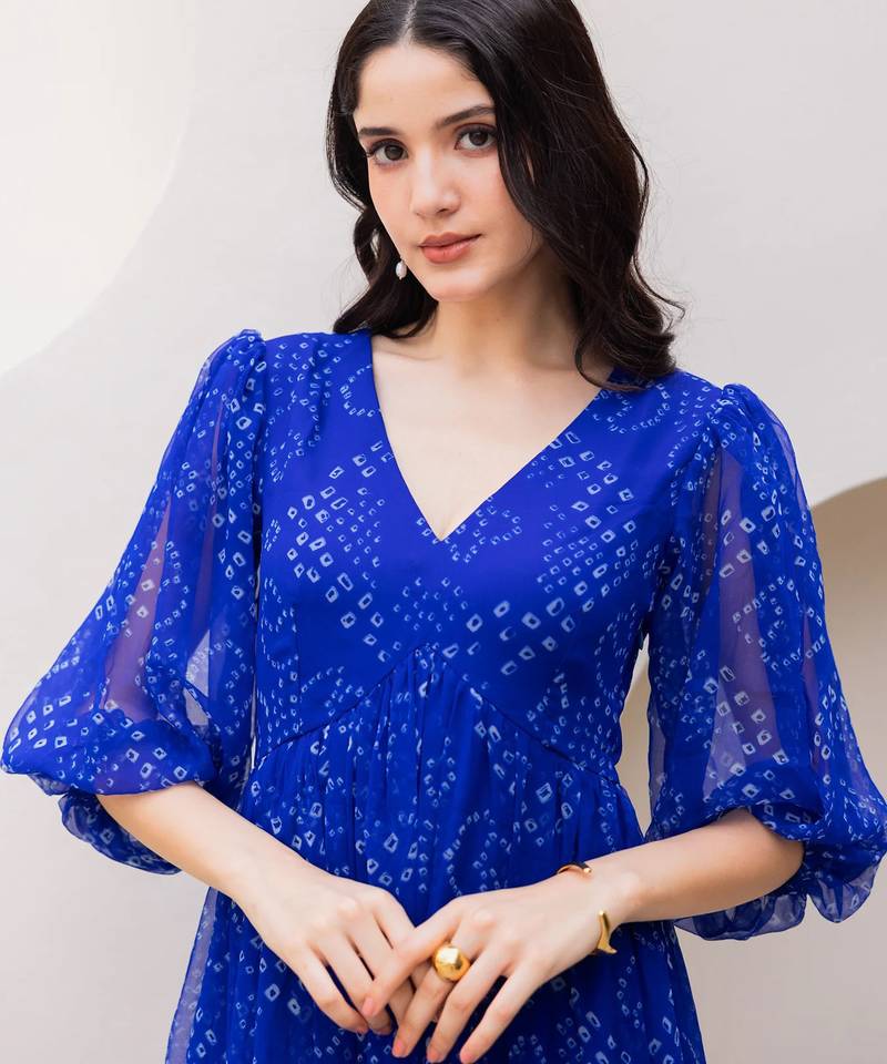 Blue color georgette fabric beautiful girlie gown for stylish college looks