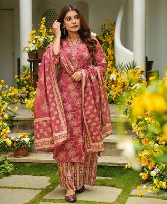 Red color beautiful printed muslin fabric readymade palazzo dress 3