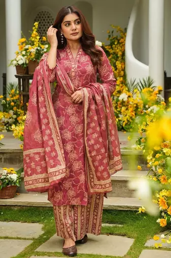 Red color beautiful printed muslin readymade palazzo dress
