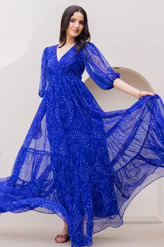 Blue color georgette beautiful gown for stylish college looks