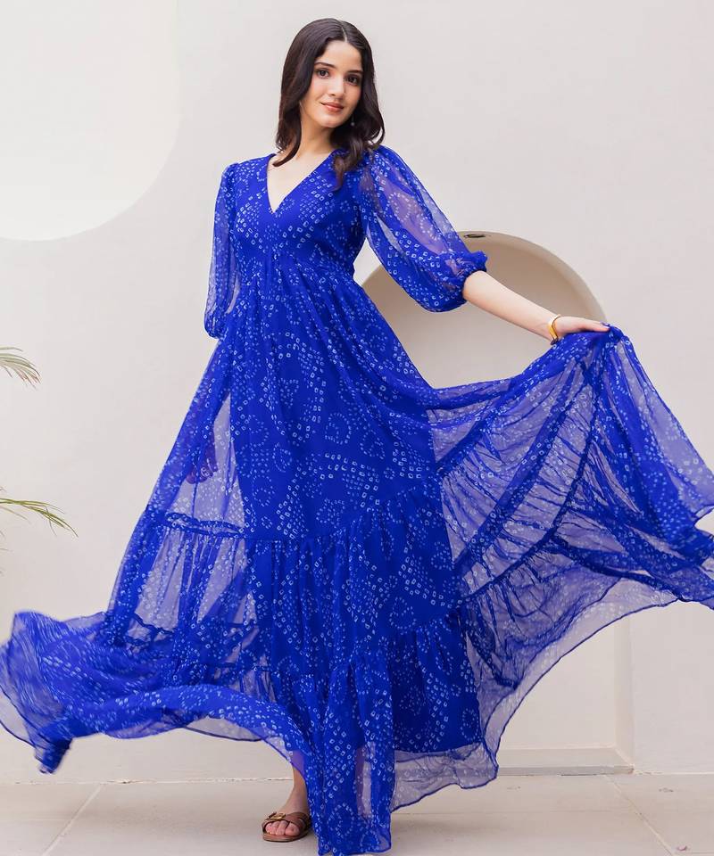 Blue color georgette fabric beautiful girlie gown for stylish college looks