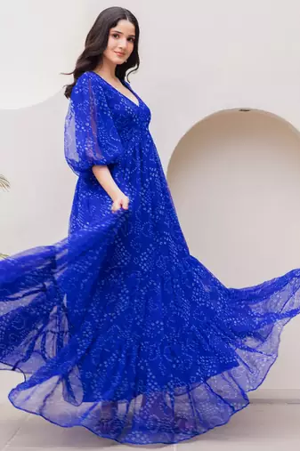 Blue color georgette beautiful gown for stylish college looks