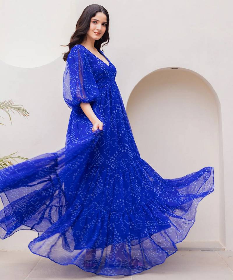 Blue color georgette fabric beautiful girlie gown for stylish college looks