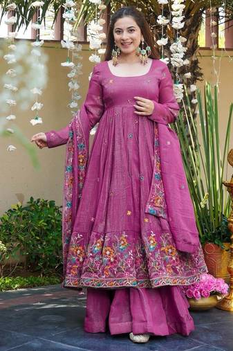 Purple color crunchy silk fabric heavy partywear palazzo dress