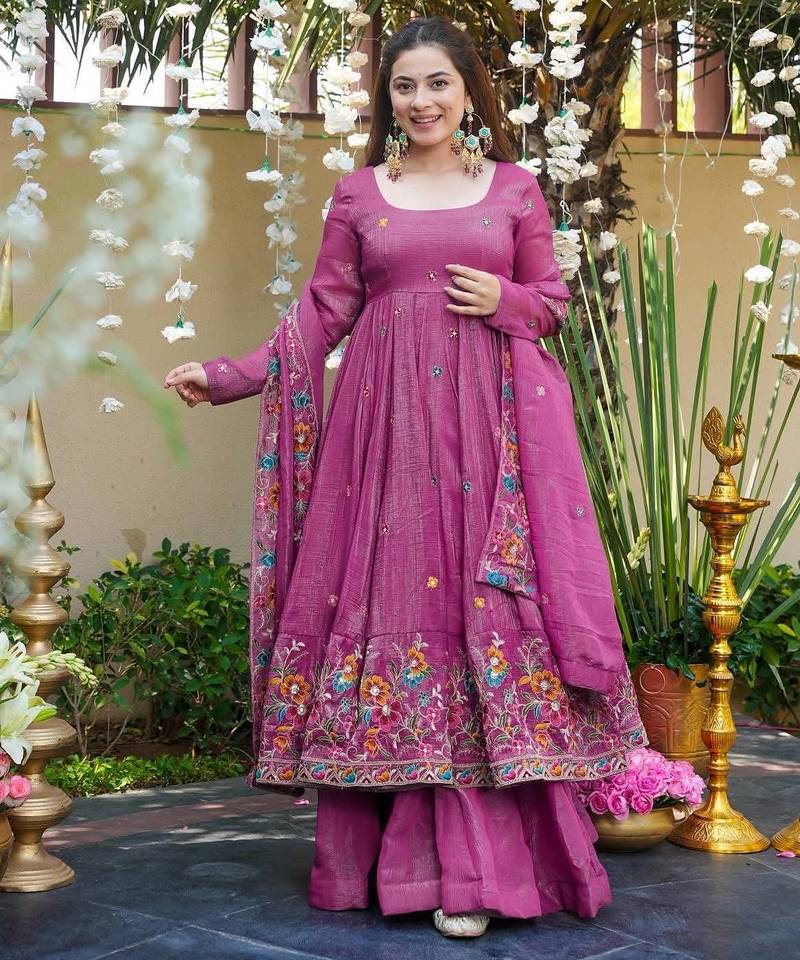 Purple color crunchy silk fabric heavy partywear palazzo dress