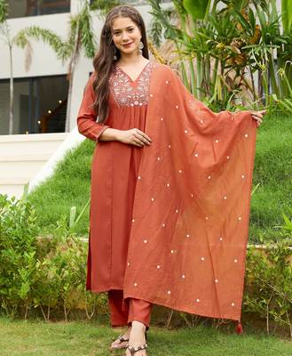 Rust color viscosee blend embroidered fancy kurta set 1