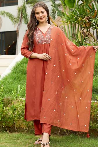 Rust color viscose blend fabric designer embroidered fancy kurta set