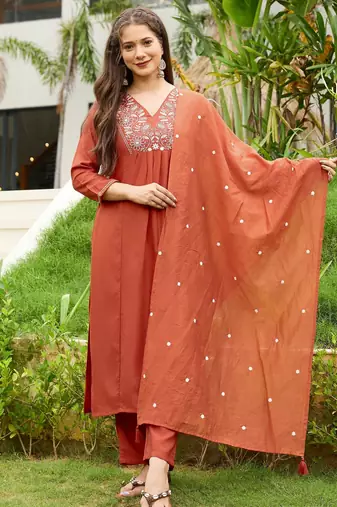 Rust color viscose blend fabric designer embroidered fancy kurta set