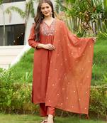 Rust color viscose blend fabric designer embroidered fancy kurta set