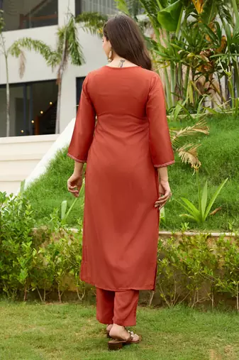 Rust color viscosee blend embroidered fancy kurta set