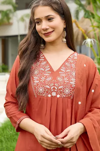 Rust color viscosee blend embroidered fancy kurta set