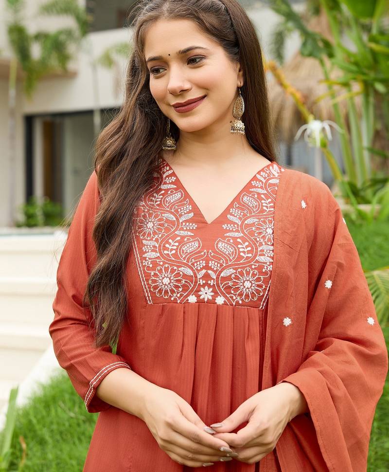 Rust color viscose blend fabric designer embroidered fancy kurta set