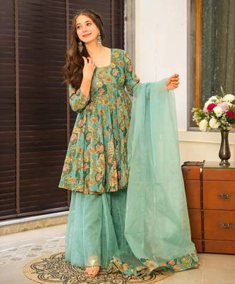 Green color readymade sharara dress for partywear looks 1