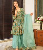 Green color ethnic readymade sharara dress for partywear looks
