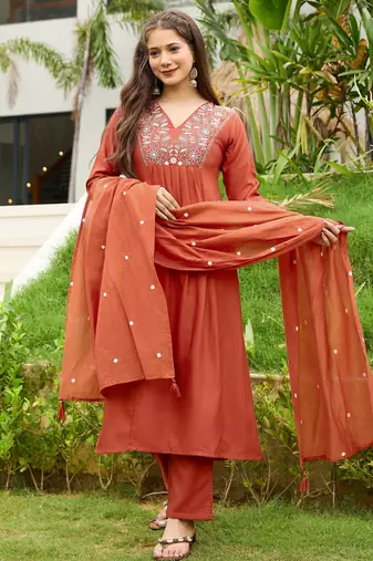 Rust color viscosee blend embroidered fancy kurta set