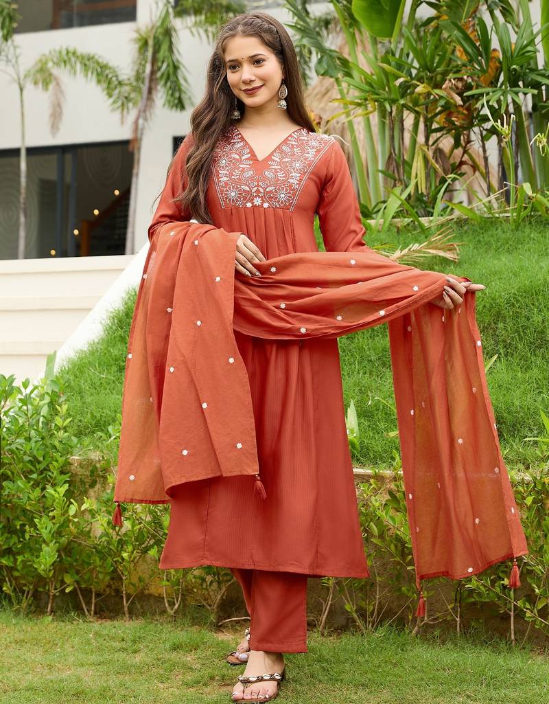 Rust color viscose blend fabric designer embroidered fancy kurta set