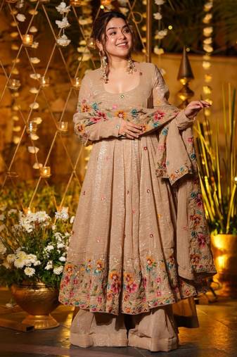 Beige color crunchy silk fabric heavy partywear palazzo dress