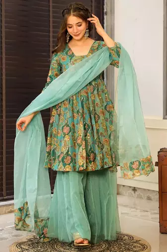 Green color readymade sharara dress for partywear looks