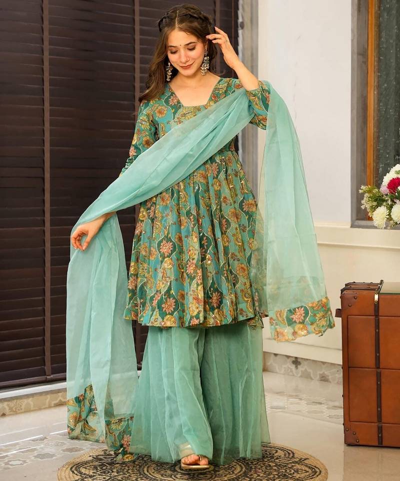 Green color ethnic readymade sharara dress for partywear looks