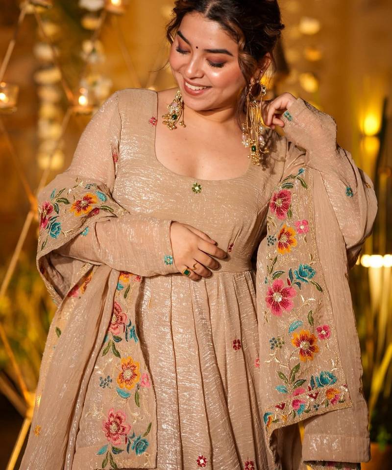 Beige color crunchy silk fabric heavy partywear palazzo dress