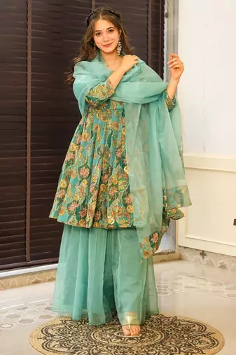 Green color readymade sharara dress for partywear looks