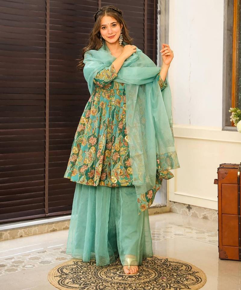 Green color ethnic readymade sharara dress for partywear looks