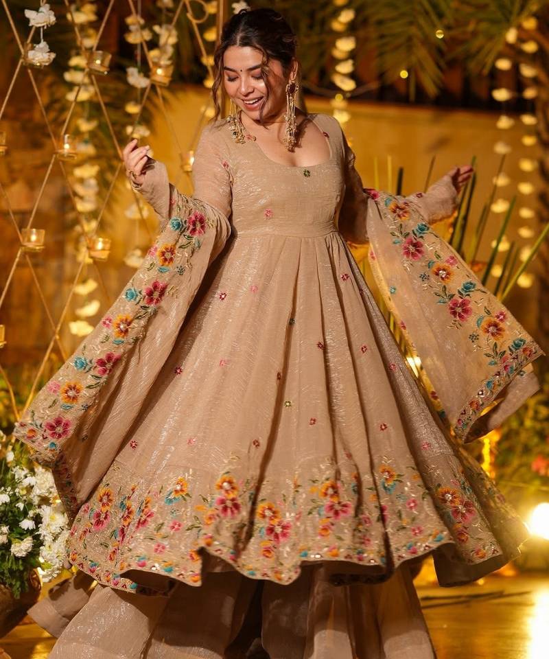 Beige color crunchy silk fabric heavy partywear palazzo dress