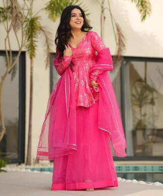 Pink color readymade sharara dress for partywear looks 1