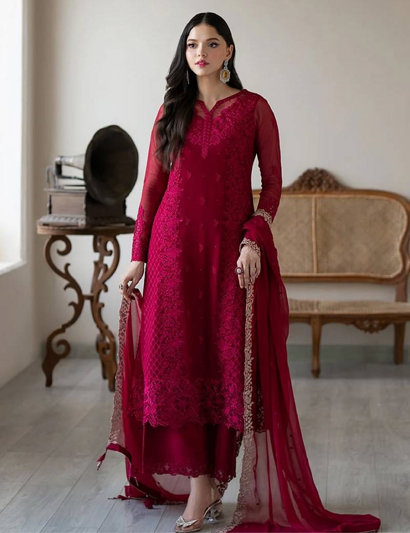 Pink color georgette fabric heavy partywear palazzo dress