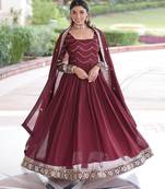Maroon color vichitra silk fabric glamorous ceremonial gown for wedding looks