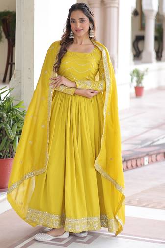 Yellow color vichitra silk fabric glamorous ceremonial gown for wedding looks