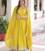 Yellow color vichitra silk fabric glamorous ceremonial gown for wedding looks
