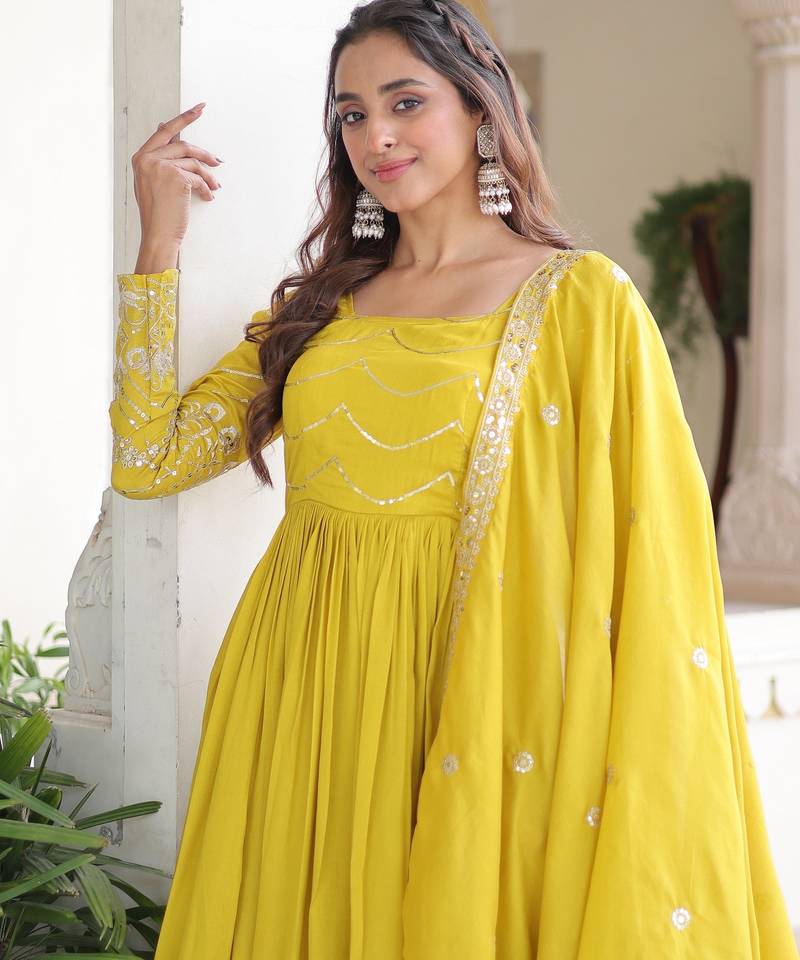 Yellow color vichitra silk fabric glamorous ceremonial gown for wedding looks