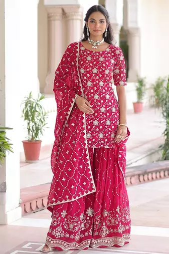 Pink color faux georgette fabric glamorous sequins designer partywear sharara dress