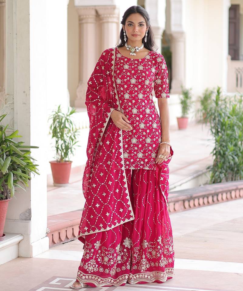 Pink color faux georgette fabric glamorous sequins designer partywear sharara dress