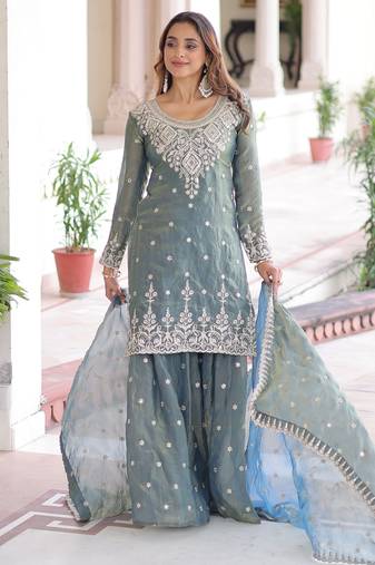 Sky blue color fendy silk fabric glamorous sequins designer partywear sharara dress