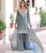 Sky blue color fendy silk fabric glamorous sequins designer partywear sharara dress