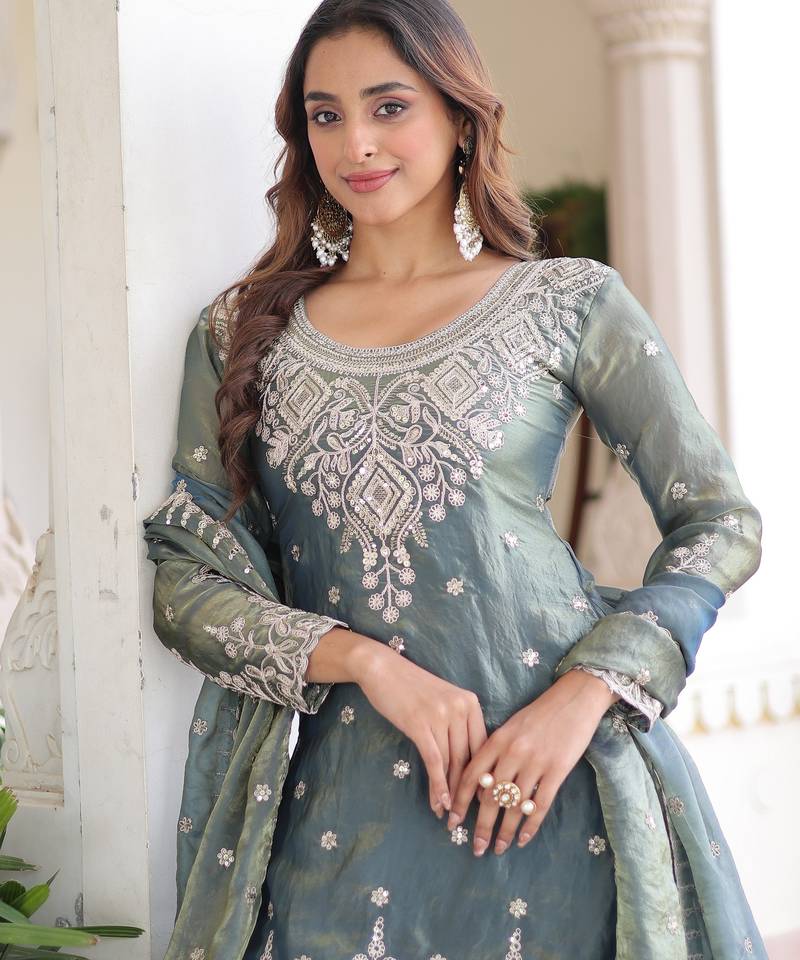 Sky blue color fendy silk fabric glamorous sequins designer partywear sharara dress