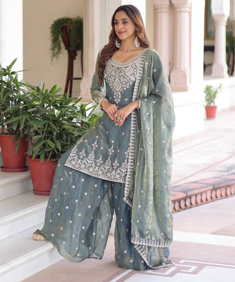 Sky blue color fendy silk fabric glamorous sequins designer partywear sharara dress