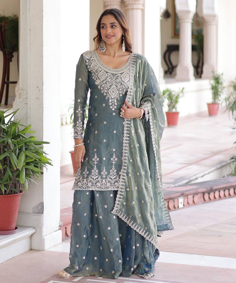 Sky blue color fendy silk fabric glamorous sequins designer partywear sharara dress