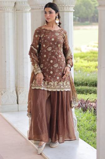 Coffee color beautiful partywear sharara dress for rich indian girlie looks