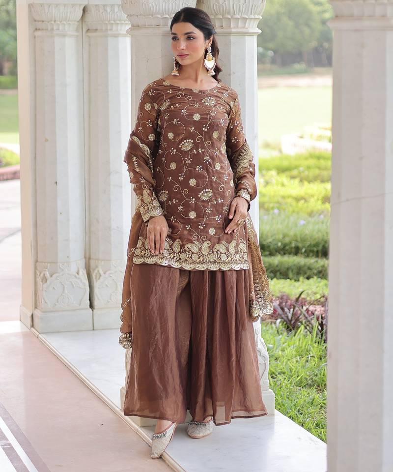 Coffee color beautiful partywear sharara dress for rich indian girlie looks
