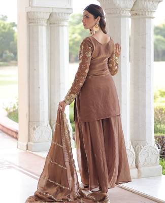 Coffee color beautiful partywear sharara dress for rich indian looks 3