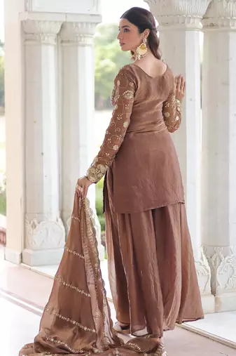 Coffee color beautiful partywear sharara dress for rich indian looks