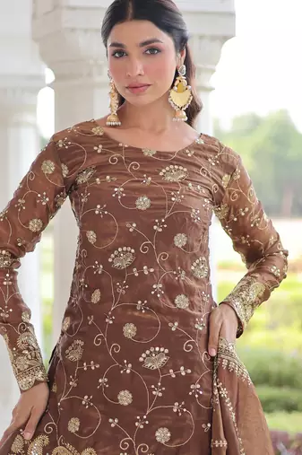 Coffee color beautiful partywear sharara dress for rich indian looks