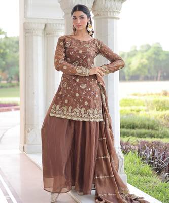 Coffee color beautiful partywear sharara dress for rich indian looks 5